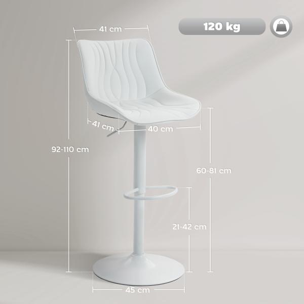 Conjunto de 2 Bancos de Bar Bancos Altos de Cozinha Giratórios com Altura Ajustável e Couro Sintético 47,5x54x92 - 110 cm Branco