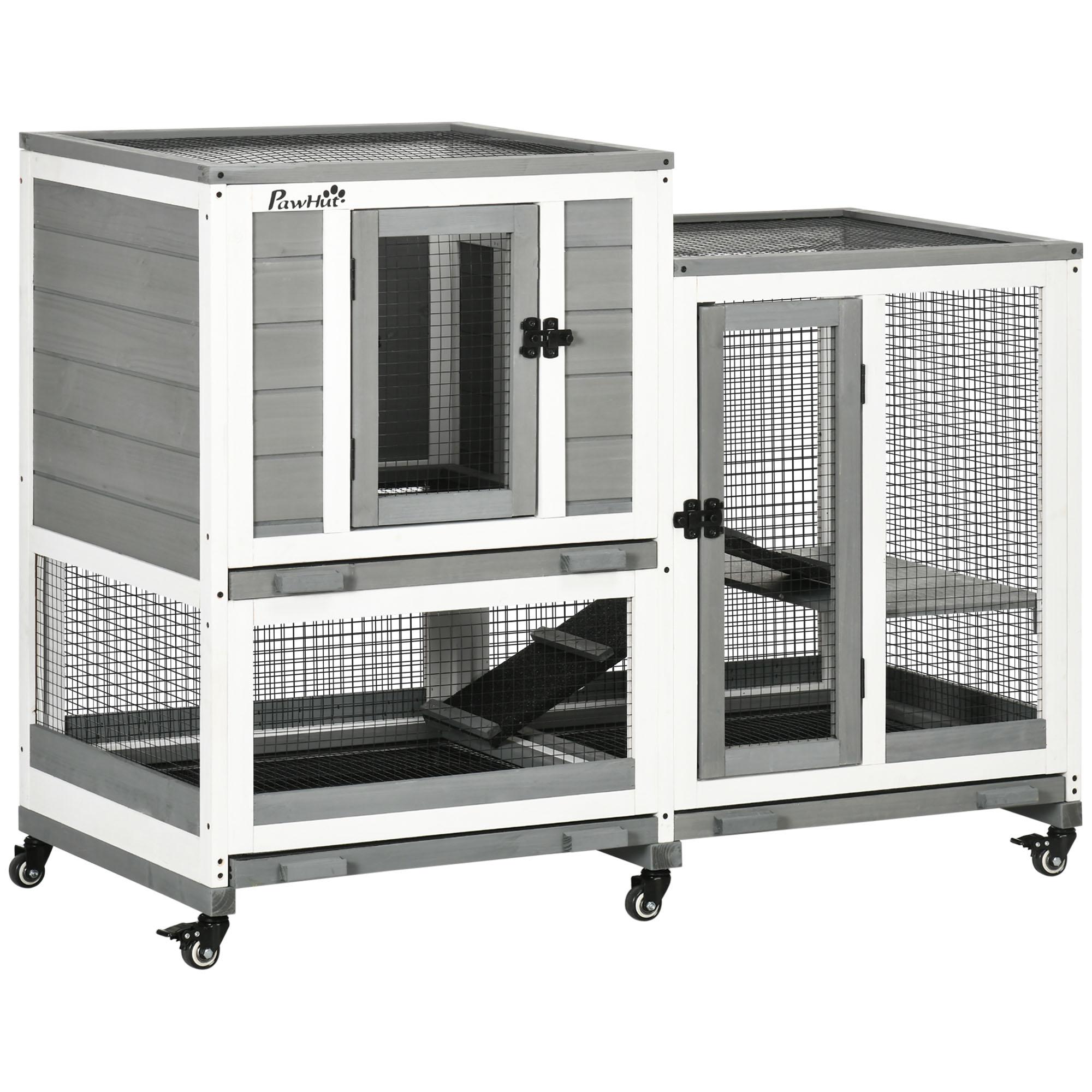 Coelheira de Madeira Interior Gaiola para Coelhos de 2 Níveis com Rodas 2 Rampas 3 Bandejas Amovíveis 110x50x86 cm Cinza