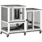 Coelheira de Madeira Interior Gaiola para Coelhos de 2 Níveis com Rodas 2 Rampas 3 Bandejas Amovíveis 110x50x86 cm Cinza