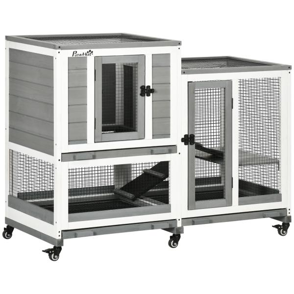 Coelheira de Madeira Interior Gaiola para Coelhos de 2 Níveis com Rodas 2 Rampas 3 Bandejas Amovíveis 110x50x86 cm Cinza