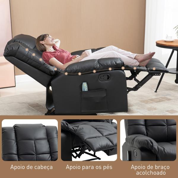 Poltrona de Massagem Poltrona Relax Reclinável com 8 Pontos de Massagem Controlo Remoto Estofada em PU 94x99x99 cm Preto