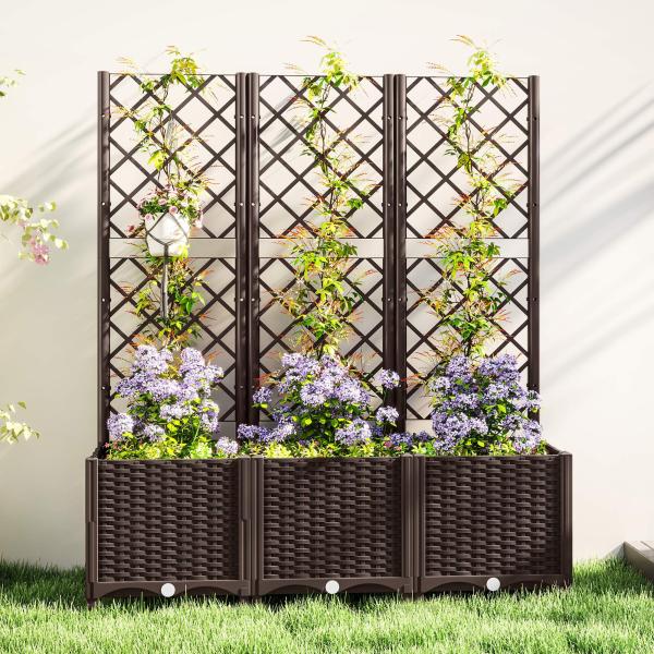 Floreira com Treliça de PP com Drenagem e Amplo Espaço para Plantas Trepadoras Vaso com Suporte para Jardim 120x40x135 cm Marrom