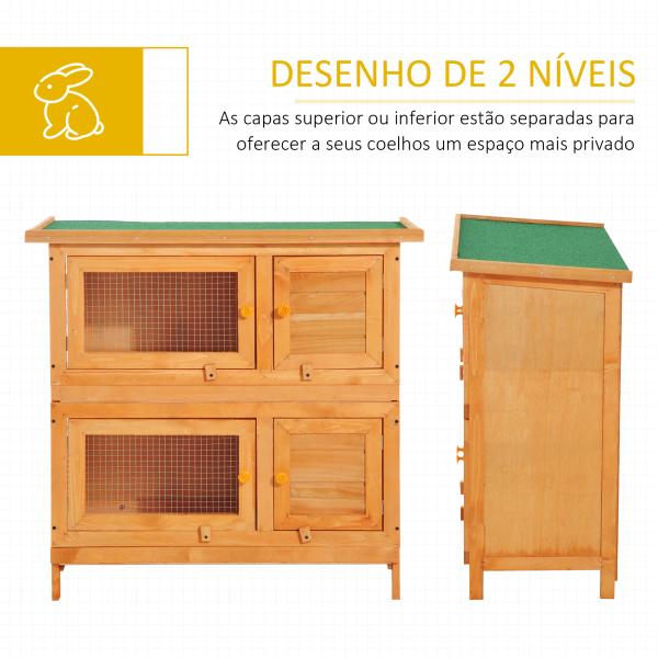 Coelheira de Madeira Exterior de 2 Níveis Gaiola para 1 - 2 Coelhos Animais Pequenos com Teto Asfáltico Dobrável e 2 Bandejas Removíveis 90x45x90cm Madeira