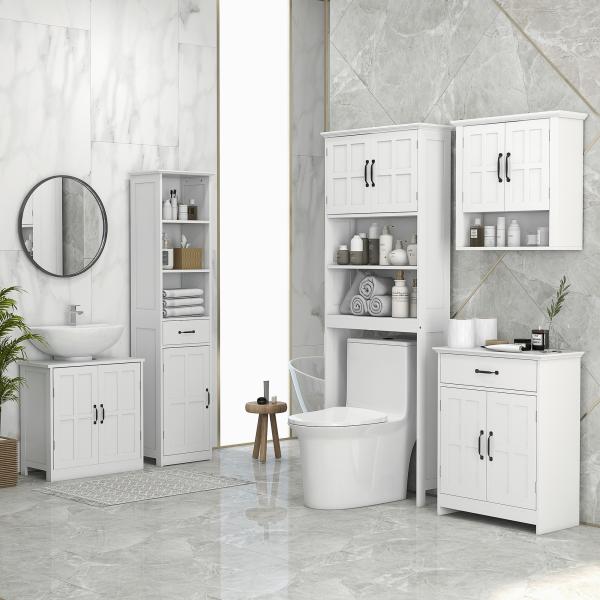 Móvel sobre Sanita Armário para Máquina de Lavar com 2 Portas Prateleiras Abertas e Ajustável 66x23x178 cm Branco