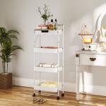Carrinho Auxiliar com Rodas de 4 Níveis Carrinho de Cozinha com 1 Gaveta e 3 Cestos Carrinho Organizador 45x29,5x117,5 cm Branco