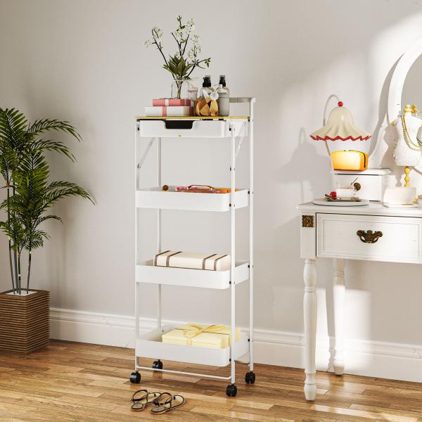 Carrinho Auxiliar com Rodas de 4 Níveis Carrinho de Cozinha com 1 Gaveta e 3 Cestos Carrinho Organizador 45x29,5x117,5 cm Branco