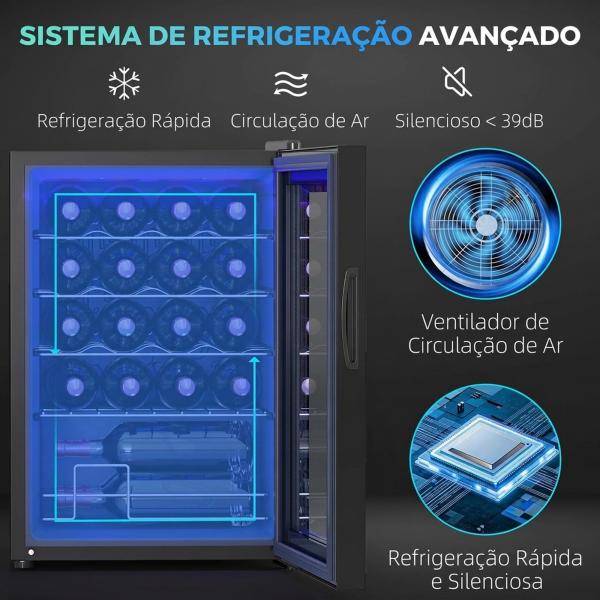 Frigorífico para Vinhos 20 Garrafas com Compressor, Porta Anti - UV, 5 - 18 °C, Painel Tátil, Luz LED, 39 dB, Preto