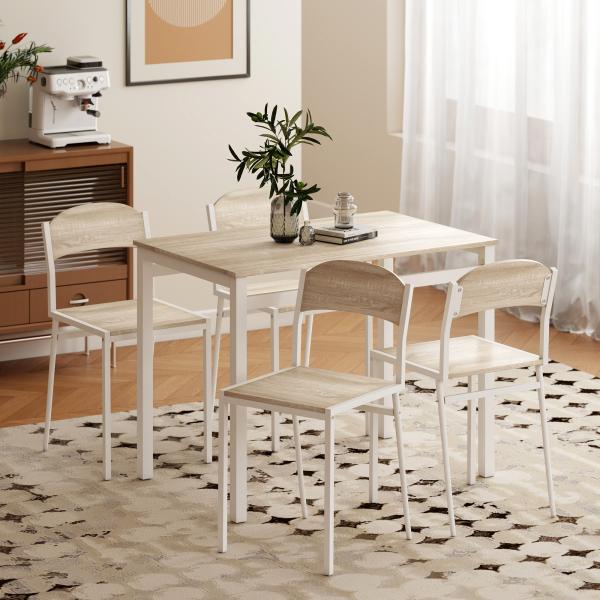 Conjunto de Mesa e Cadeiras de Refeição Mesa de Cozinha Retangular com 4 Cadeiras Estilo Moderno Carvalho e Branco