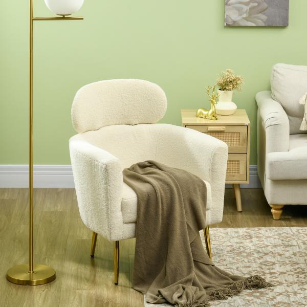 Poltrona Sala de Estar Individual em Borrego com Apoio para a Cabeça e Pés de Metal 71x65x90 cm Creme