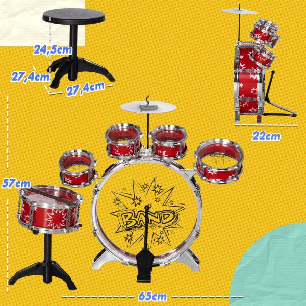 Bateria Infantil com Banco Bateria para Crianças acima de 3 Anos com Pedal e Baqueta Desenho de Estrelas 65x22x57 cm Vermelho