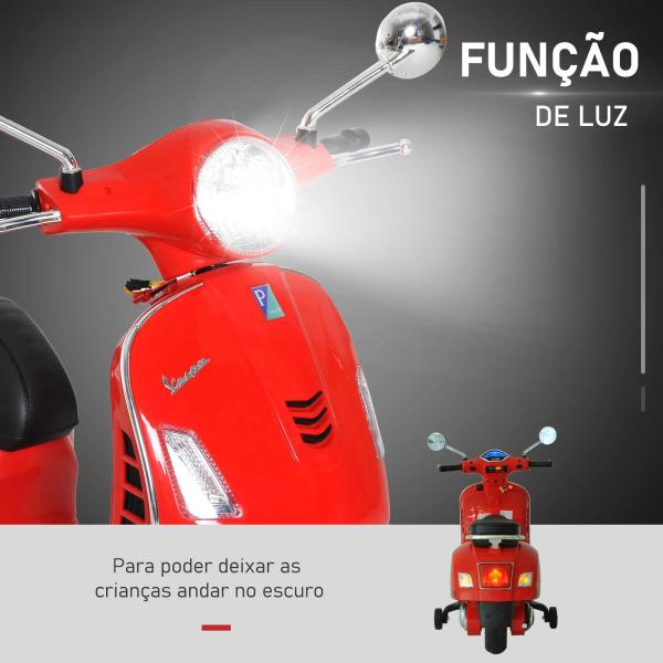 Mota Elétrica para Crianças com Licença Vespa com Música Velocidade 2 - 3 km/h e Buzina 102x50,5x75,5 cm Vermelha