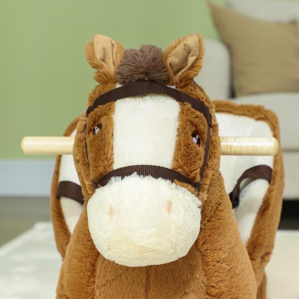 Cavalo Baloiço para Crianças de 18 - 36 Meses com Sons Cinto de Segurança e Base de Madeira Carga 25 kg 68x33x45 cm Marrom