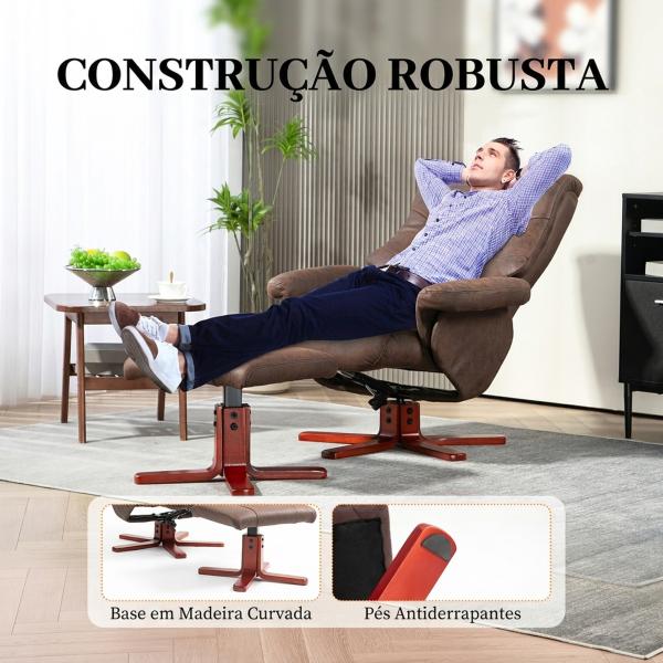 Poltrona Reclinável com Apoio para os Pés Estofada em Tecido Técnico Estrutura de Madeira Função Basculante Castanho Escuro