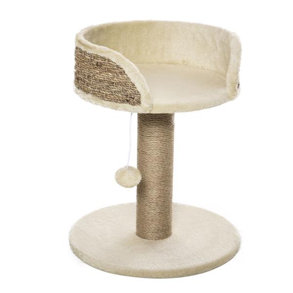 Arranhador para Gatos Pequeno 49 cm com Poste em Juta, Cama e Bola Pendente, 40x40x49 cm, Bege