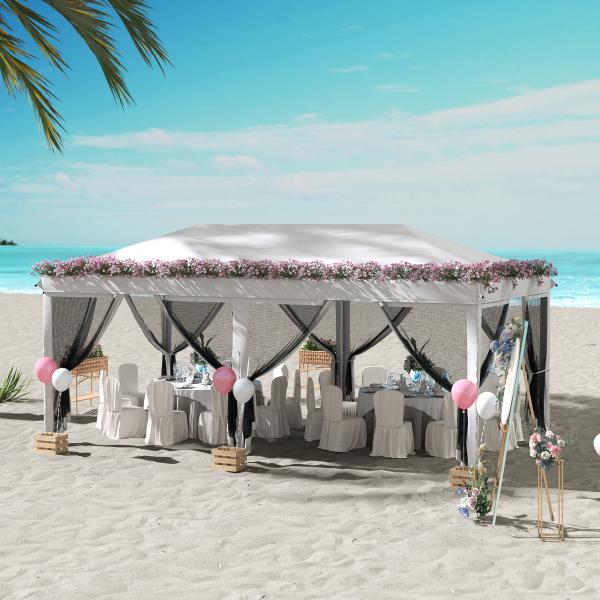 Tenda Dobrável 585x295x270 cm Tenda de Jardim com 6 Mosquiteiros Bolsa de Transporte e Estrutura de Aço Cinza
