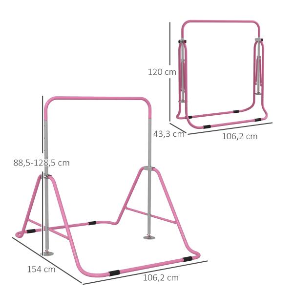 Barra de Ginástica para Crianças Dobrável com Altura Ajustável para Treino em Casa 154x106,2x88,5 - 128,5 cm Rosa