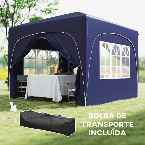 Tenda Dobrável 3x3 m com Painéis Laterais UPF50+ Tenda de Jardim com Altura Ajustável e Bolsa de Transporte Azul Escuro