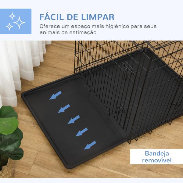 Gaiola para Cães Pequenos Gaiola para Animal de Estimação Dobrável com 2 Portas Alça de Transporte Bandeja Removível Aço 106x71x76cm Preto