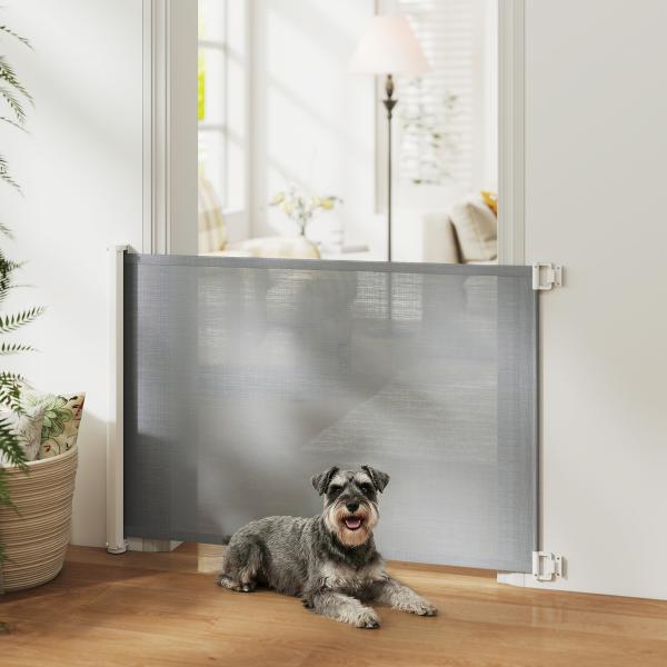 Barreira de Segurança para Cães Extensível Grade Retrátil para Animais de Estimação com Extensão Aço e Tecido de Textilene para Escadas e Portas 5,5 - 115x5,5x82,5cm Cinza