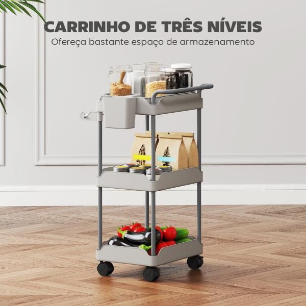 Carrinho Auxiliar com Rodas de 3 Níveis com Cestos Extraíveis Suporte para Toalhas e Estrutura de Metal 42x42,5x76 cm Cinza