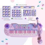 Piano Infantil 37 Teclas Teclado Eletrônico Brinquedo Educacional para Crianças + 3 Anos com Microfone Banco de Luzes e 22 Canções USB/MP3 Karaokê Rosa