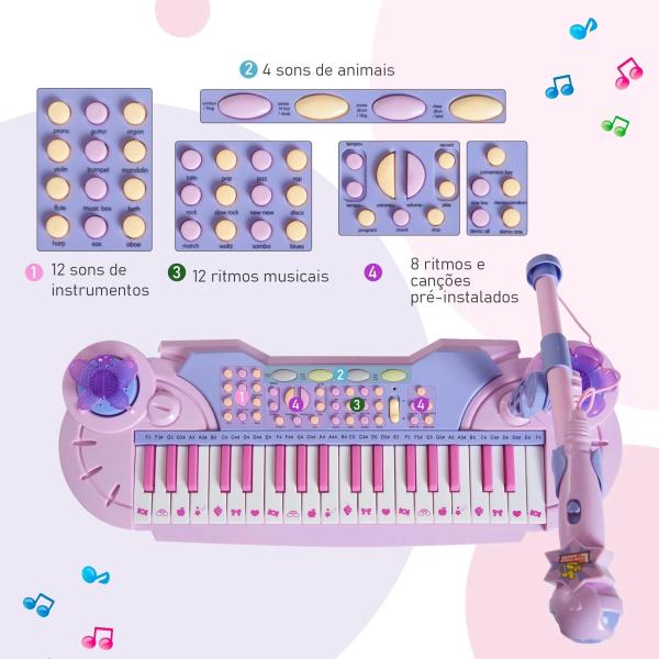 Piano Infantil 37 Teclas Teclado Eletrônico Brinquedo Educacional para Crianças + 3 Anos com Microfone Banco de Luzes e 22 Canções USB/MP3 Karaokê Rosa