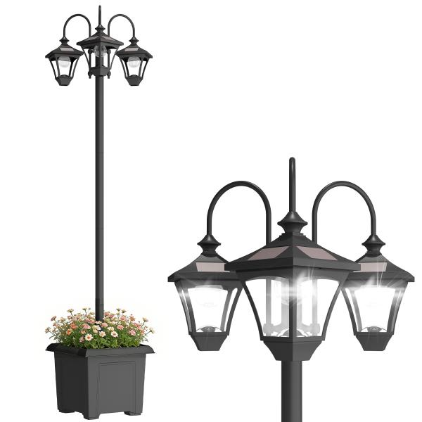 Candeeiro Solar de Jardim com Floreiras 3 Cabeças Impermeável IP44 Ligação/Desligamento Automático e Altura Ajustável 52x52x185 cm Preto