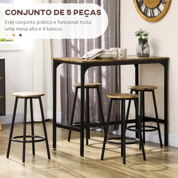 Conjunto de Móveis Altos de Bar com 5 Peças Mesa de Refeição Industrial e 4 Bancos Redondos Marrom Rústico e Preto