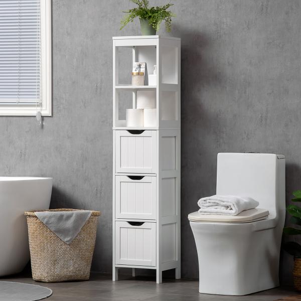 Armário Casa de Banho Estreito com 3 Gavetas e 2 Prateleiras Abertas Estilo Moderno 30x30x141,6 cm Branco