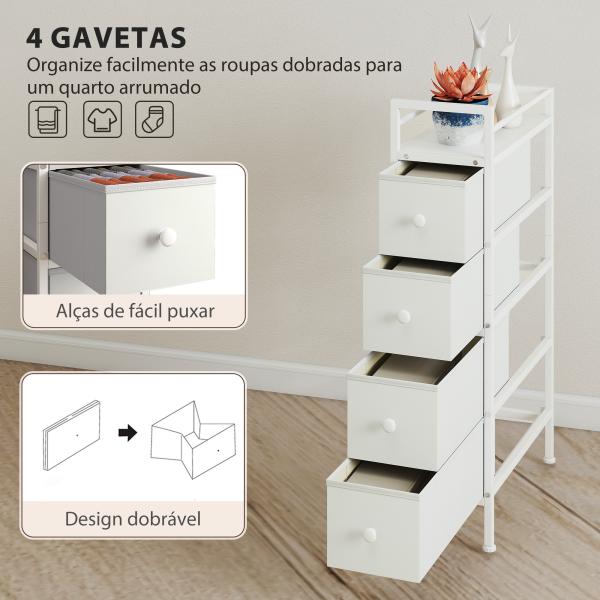 Móvel de Arrumação Estreito com 4 Gavetas de Tecido para Espaços Pequenos 20x43x81,5 cm Branco