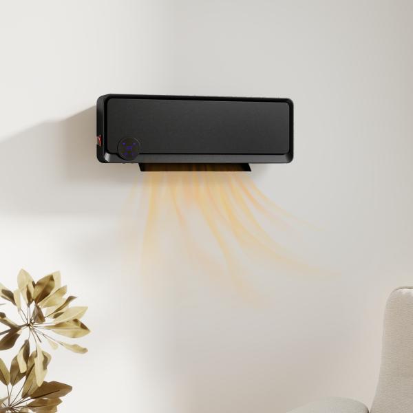 Aquecedor Cerâmico de Parede 1000W/2000W com Controle Remoto Tela LED Temporizador de 12h Termostato 56x18,5x11,7 cm Preto