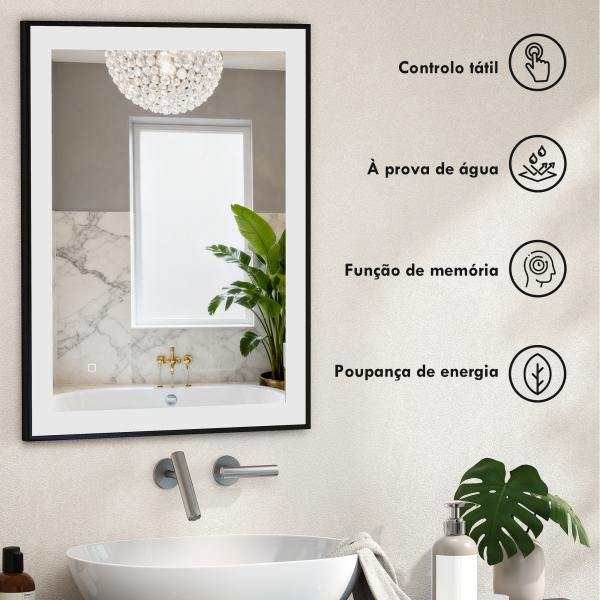Espelho Casa de Banho com Luz LED 80x60 cm Iluminação Ajustável Função Anti - Embaciamento Função Memória Preto
