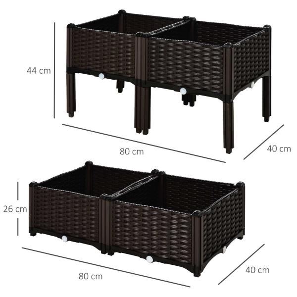 Conjunto de 4 Floreiras Quadradas Floreiras para Flores e Vegetais com Orifícios de Drenagem e Pés Altos 80x40x26 - 44 cm Marrom