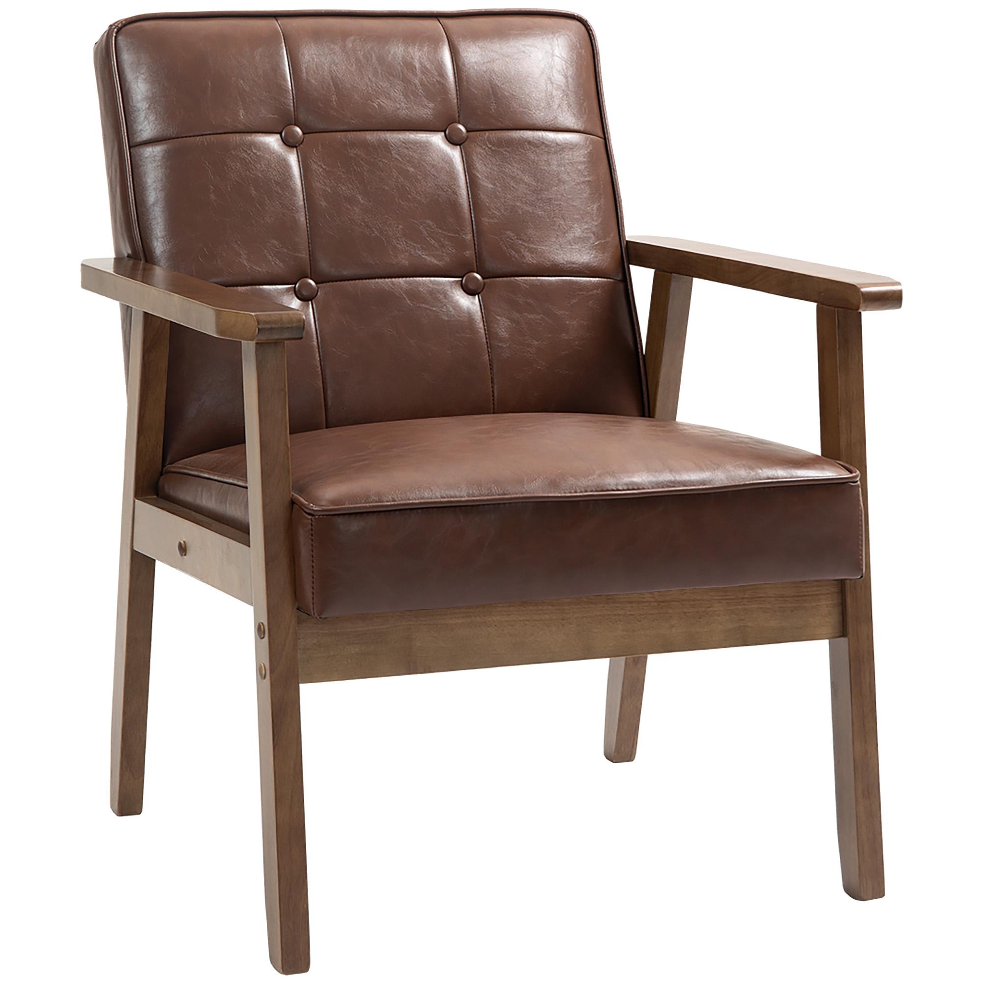 Poltrona Sala de Estar Estofada em PU com Apoio para os Braços e Estrutura de Madeira de Borracha 64x66x80 cm Marrom