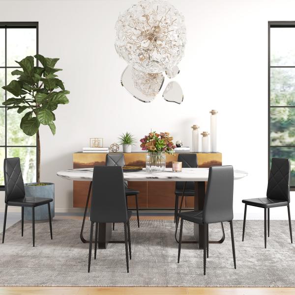 Conjunto de 6 Cadeiras de Sala de Jantar Estofadas em Couro Sintético com Encosto Alto e Pés de Aço 41x50x97cm Preto