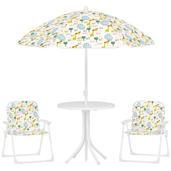 Conjunto Infantil de Mesa e Cadeiras de Jardim 4 Peças Cadeiras Dobráveis Chapéu de Sol Ajustável Design de Elefantes Branco