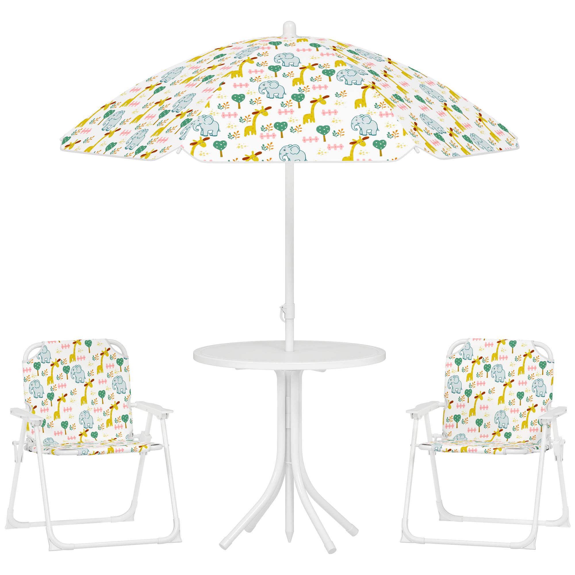 Conjunto Infantil de Mesa e Cadeiras de Jardim 4 Peças Cadeiras Dobráveis Chapéu de Sol Ajustável Design de Elefantes Branco