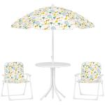 Conjunto Infantil de Mesa e Cadeiras de Jardim 4 Peças Cadeiras Dobráveis Chapéu de Sol Ajustável Design de Elefantes Branco
