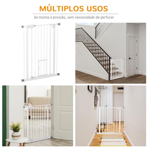Barreira de Segurança para Cães Animais de Estimação 74 - 80cm para Escadas Portas e Corredores com Porta para Gatos Fechamento Automático e Sistema de Duplo Bloqueio Altura 91,4cm Branco