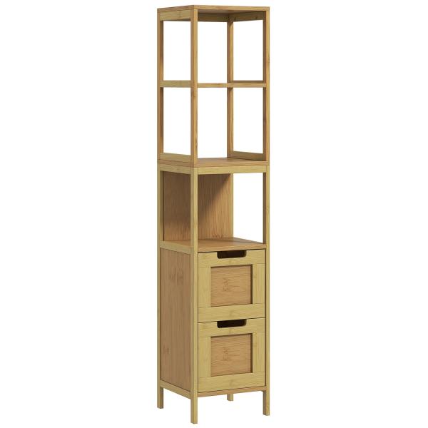 Coluna Casa de Banho com 3 Prateleiras e 2 Gavetas Armário Alto para Casa de banho Estilo Moderno 30x30x144,3 cm Madeira