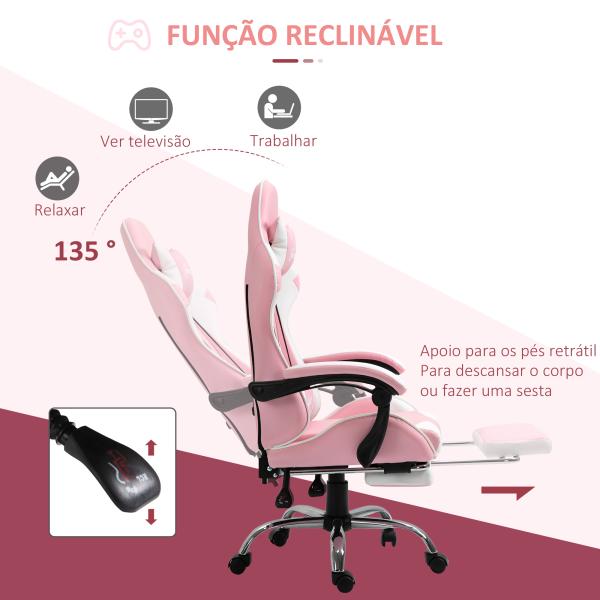 Cadeira de Gaming Reclinável Giratória com Apoio para a Cabeça Apoio para os Pés e Almofada Lombar 64x67x119 - 127 cm Rosa