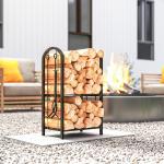 Porta - Lenha Metálico de 2 Níveis com 4 Ferramentas para Lareira e Ganchos 43x30x74 cm Castanho Escuro