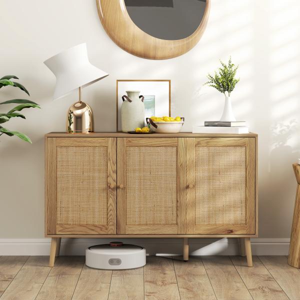 Aparador para Sala de Estar com 3 Portas em Vime Aparador Estilo Boémio, com Prateleiras Ajustáveis 120x40x75 cm Madeira