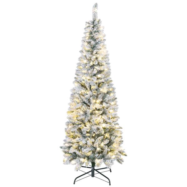 Árvore de Natal Estreita 180 cm Nevada com Luzes LED Bicolores 11 Modos de Iluminação 479 Ramos Suporte Metálico Verde