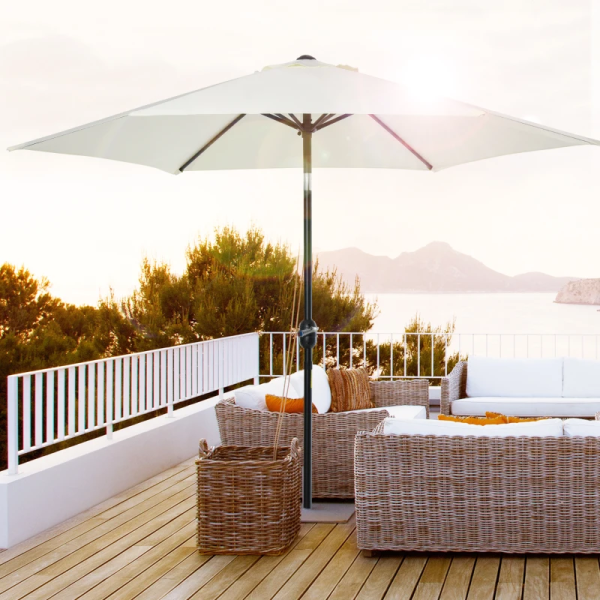 Chapéu de Sol de Jardim Ø270x235cm Chapéu de Sol de Alumínio Reclinável com Manivela e 6 Hastes para Terraço Exterior Balcão Creme