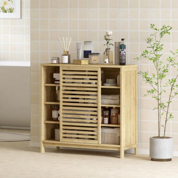 Armário de Casa de Banho em Bambu com 2 Portas de Correr Desenho com Ripas 4 Prateleiras Móvel Auxiliar de Arrumação 80x34x80 cm Madeira