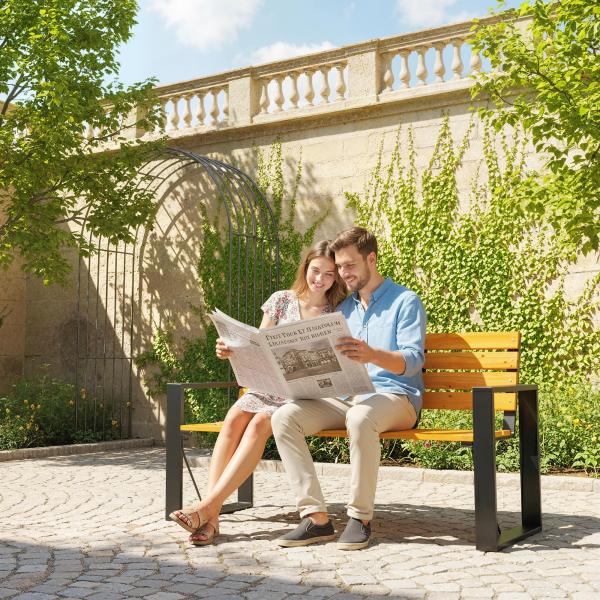 Banco de Jardim Exterior de 2 Lugares com Encosto e Assento Ripado em Madeira e Estrutura de Aço 136x54x82 cm Madeira