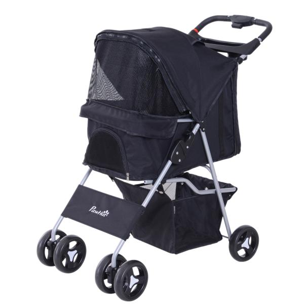 Carrinho para Animais de Estimação Dobrável para Cães com Capô Ajustável Cesta de Armazenamento e Rodas com Freio Tecido Oxford Estrutura de Aço 74x46x94cm Preto