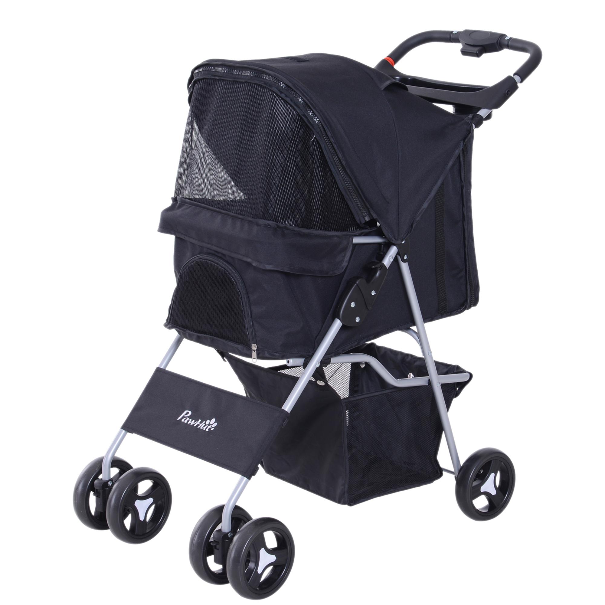 Carrinho para Animais de Estimação Dobrável para Cães com Capô Ajustável Cesta de Armazenamento e Rodas com Freio Tecido Oxford Estrutura de Aço 74x46x94cm Preto