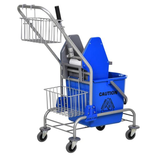 Carro de Limpeza Balde para Esfregona com Escorredor a Pressão Rodas e Cesto de Armazenamento Capacidade 26L 73x45x95 cm Azul